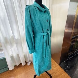 Vintage 80s suede coat, teal, removable quilted liner, tie belt, 8/10 (M/L)
